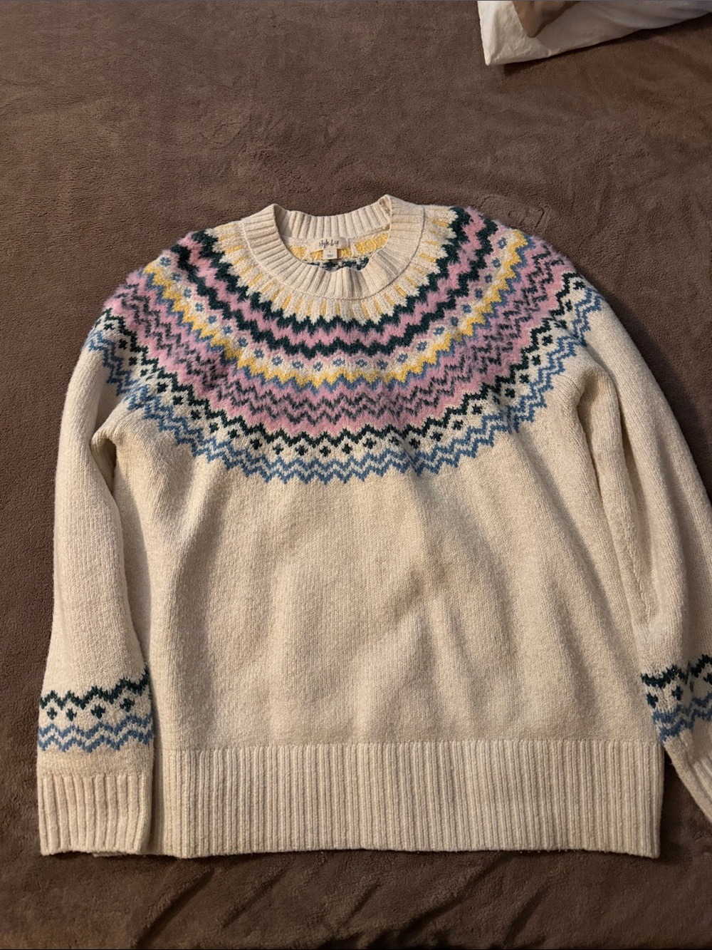 Style & Co. Cream Fair Isle Crewneck Sweater with Pastel Accents